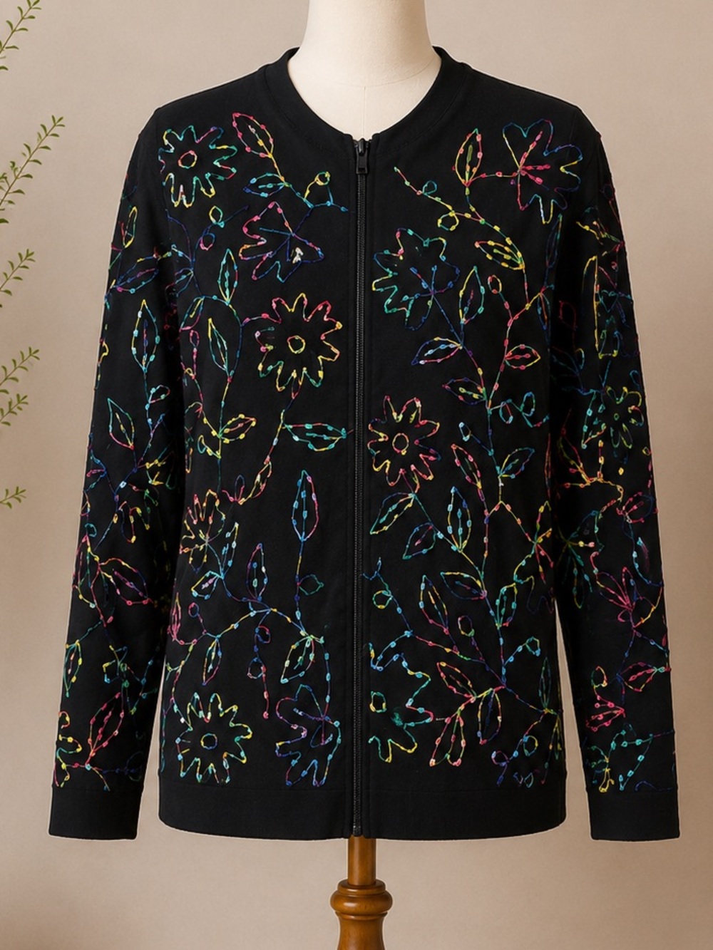 Chico's Black Zip-Front Sweater with Multicolor Embroidery
